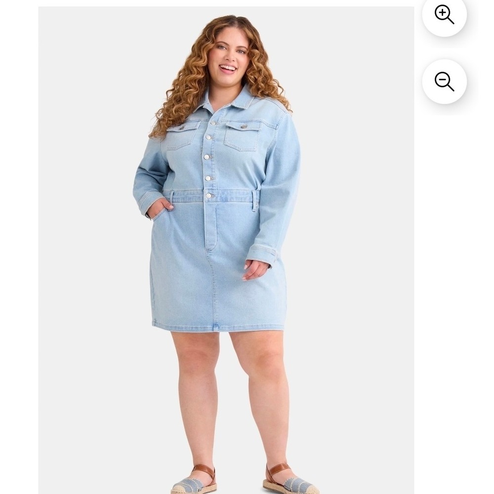 Terra & Sky oxL Light Wash Denim Button Front Shirt Dress Long Sleeve Belted